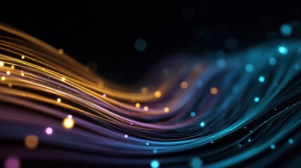 A colorful, abstract wave pattern with glowing particles and a dark background.