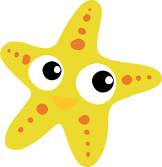 A cute yellow cartoon starfish with big eyes and orange spots, smiling happily, is isolated on a transparent background, perfect for children’s designs, ocean themes, and underwater illustrations.