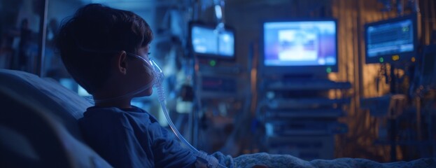 Child boy in hospital bed wearing oxygen mask and watching screens