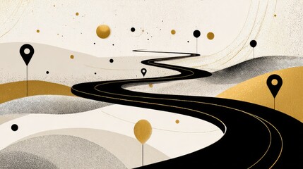 Elegant abstract roadmap design with curving path and contrasting gold and black markers representing goals