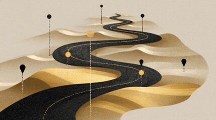 Elegant abstract roadmap design with curving path and contrasting gold and black markers representing goals