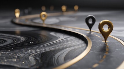 Elegant concept of a curved roadmap with gold and black location markers symbolizing milestones and navigation