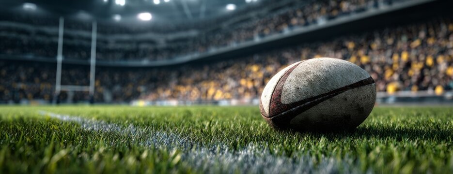Rugby ball on field grass in stadium with cheering crowd  - Powered by Adobe