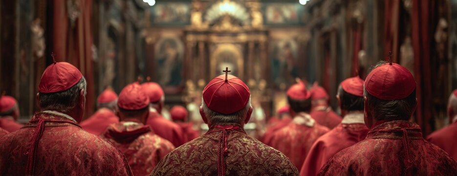 Cardinals in red mitre hats and robes attending the conclave ceremony  