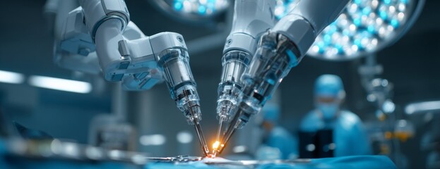 Robotic arms performing surgical procedures in operating room  
