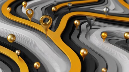 Fototapeta premium Modern abstract roadmap illustration featuring curved routes with metallic gold and black pins marking destinations