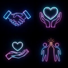 Vibrant neon glow icons depicting essential human connections support, collaboration, care, and celebrated success through symbolic gestures of unity and partnership