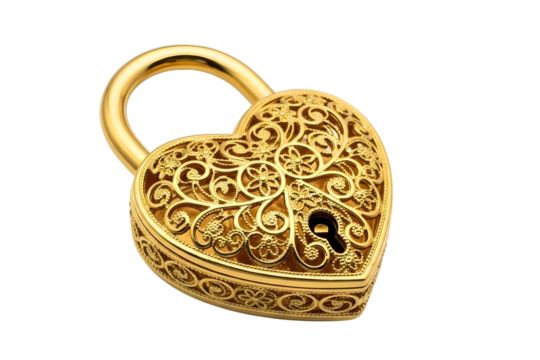 Golden heart shaped padlock isolated on transparent background