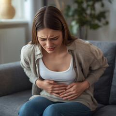 Fototapeta premium Abdominal pain and discomfort concept — A young woman sitting on a sofa, clutching her stomach with both hands and a pained expression, showing discomfort from indigestion or cramps in a cozy home.