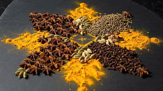 Aromatic masala chai spices star arrangement on slate background for flavorful beverage