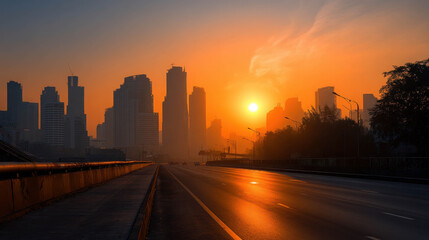 Urban Skyline Under Orange Haze of Heavy Smog with Dimmed Sunlight at Dusk Casts an Ominous Atmosphere Over the Cityscape