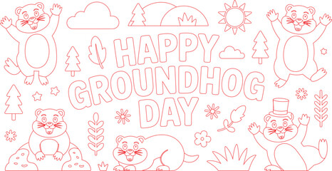 Fototapeta premium Red Outline Cartoon Groundhogs with Trees, Clouds, Sun, and Happy Groundhog Day Text for Coloring