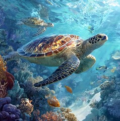 Fototapeta premium Discover stunning sea turtles gracefully swimming through vibrant coral reefs in crystal clear waters