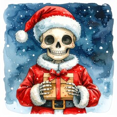 watercolor illustration skeleton dressed as Santa Claus holding a Christmas gift Present