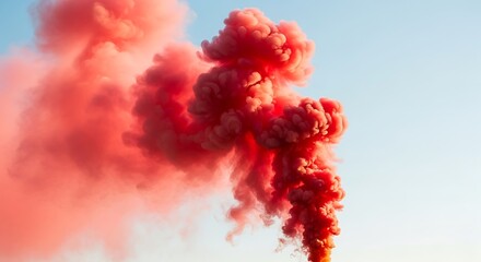 A large plume of vibrant red smoke rises dramatically against a clear, bright blue sky.