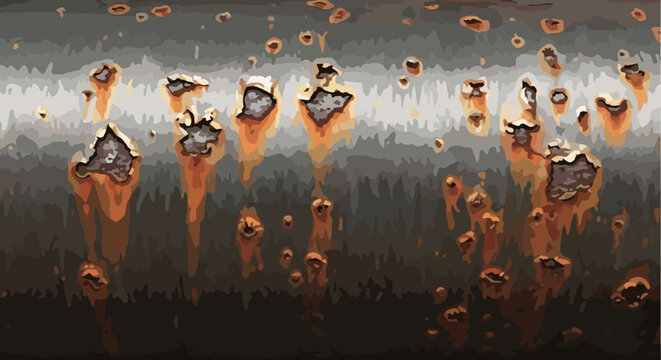 Close up macro view of heavily rusted metal pipe with dripping corrosion and decay showing texture and grunge background