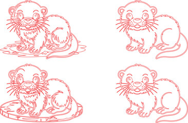 Red Outline Illustration Featuring Four Cartoon Otters in Different Poses on a White Background