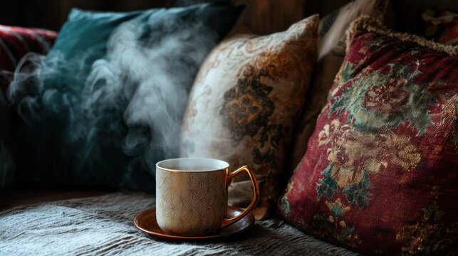 A steaming cup of coffee sits on a patterned pillow, emitting a warm, inviting aroma.