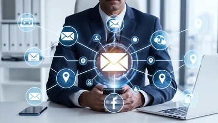 A businessman manages his digital marketing and communication network with a smartphone showing an email and social media interface - Powered by Adobe