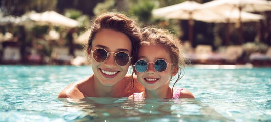 The mother and daughter smiling in sunglasses while relaxing in a sunny pool