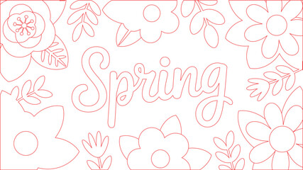 Red Outline Spring Surrounded by Simple Flowers and Leaves on a White Background