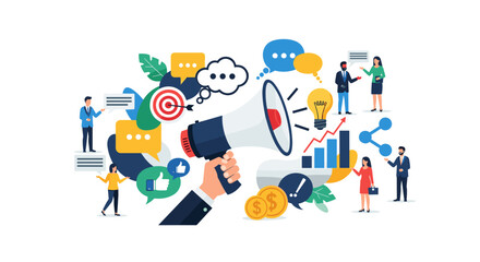 Marketing Strategy Launch Announcing New Product Ideas Driving Business Growth and Customer Engagement on White Background