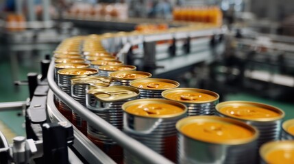 Canned food on a conveyor belt, with a blurred background of other cans and machinery.