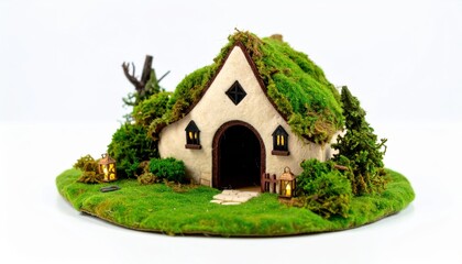 A charming miniature cottage with a moss-covered roof sits on a green lawn.