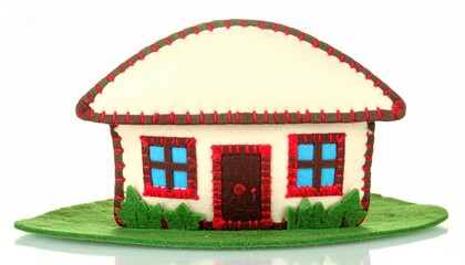 A charming miniature house cake sits on a green plate, ready to be enjoyed.