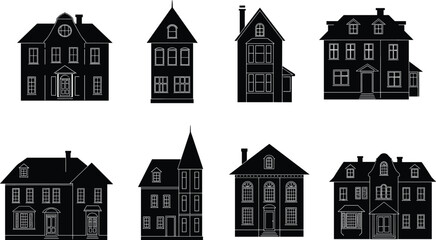 House icons, residential silhouette set, black outline homes, dormer symbol, porch branding, chimney concept, gable badge, architectural variety