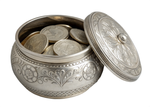 Set of silver coins in silver pot on transparent background