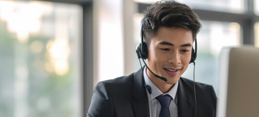 The businessman in a headset providing customer support from a bright modern office desk