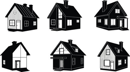 House icons, residential silhouette set, black outline homes, gable symbol, flat roof branding, entryway concept, perspective badge, design mix
