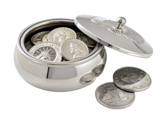 Set of silver coins in silver pot on transparent background