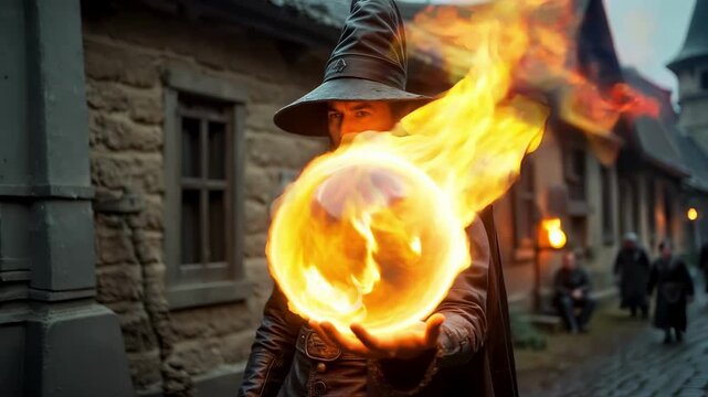 A mysterious black magician performs magic with a fireball on the street of a medieval town