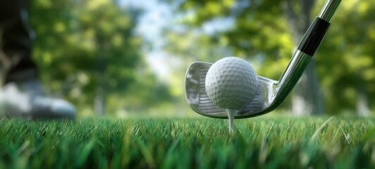 The golf ball on tee ready for a precise iron shot on fairway