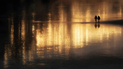 Couple walking on reflective shore in golden sunset light