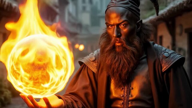 A mysterious black magician performs magic with a fireball on the street of a medieval town