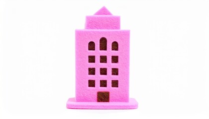 A pink toy building with a square base and a triangular roof stands .