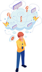 Isometric Man Overthinking with Cloud of Confusing Thoughts