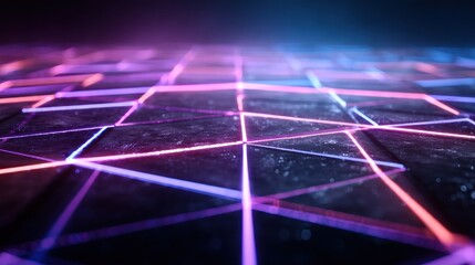 A futuristic, neon-lit grid with geometric shapes and glowing lines, set against a dark background.