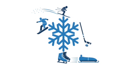 Bright blue snowflake ornament with winter sports icons on black background