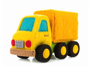 A yellow toy truck with black wheels sits on a , ready to play.