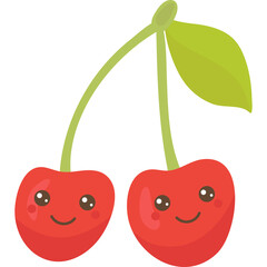 Cute Red Cherries with Green Stems and Leaves Featuring Happy Faces and Sparkle Eyes on a Transparent Background Perfect for Graphics and Designs