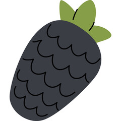 Cute stylized blackberry fruit illustration with green leaves and a black body with wavy lines against a transparent background healthy food concept