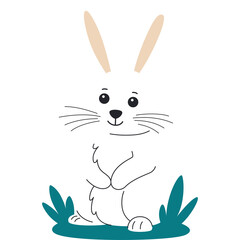 Cute Whimsical White Bunny Rabbit Sitting Amongst Teal Green Grass And Foliage Simple Line Art Style Cartoon Easter Theme Illustration