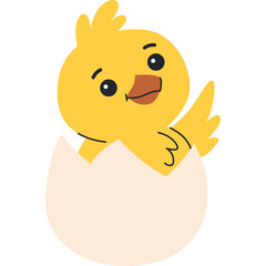 Cute Yellow Baby Chick Hatching From White Eggshell Transparent Background Cheerful Expression Adorable Illustration