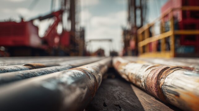 Oil drilling equipment and pipes on a rig site under a cloudy sky during drilling operations
