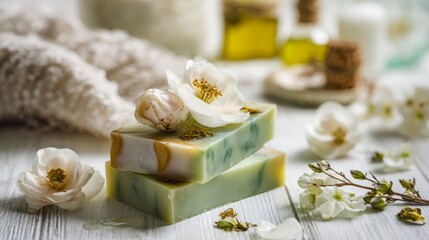 Handcrafted herbal soap displayed with flowers and natural ingredients in a serene setting