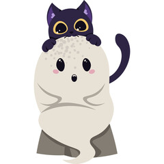 Cute Pixel Art Black Cat Peeking Over Adorable Ghost Character With Big Eyes and Rosy Cheeks on Transparent Background Simple Festive Design